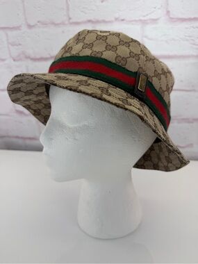 Gucci Monogram Bucket Hat with Signature Web Stripe Small